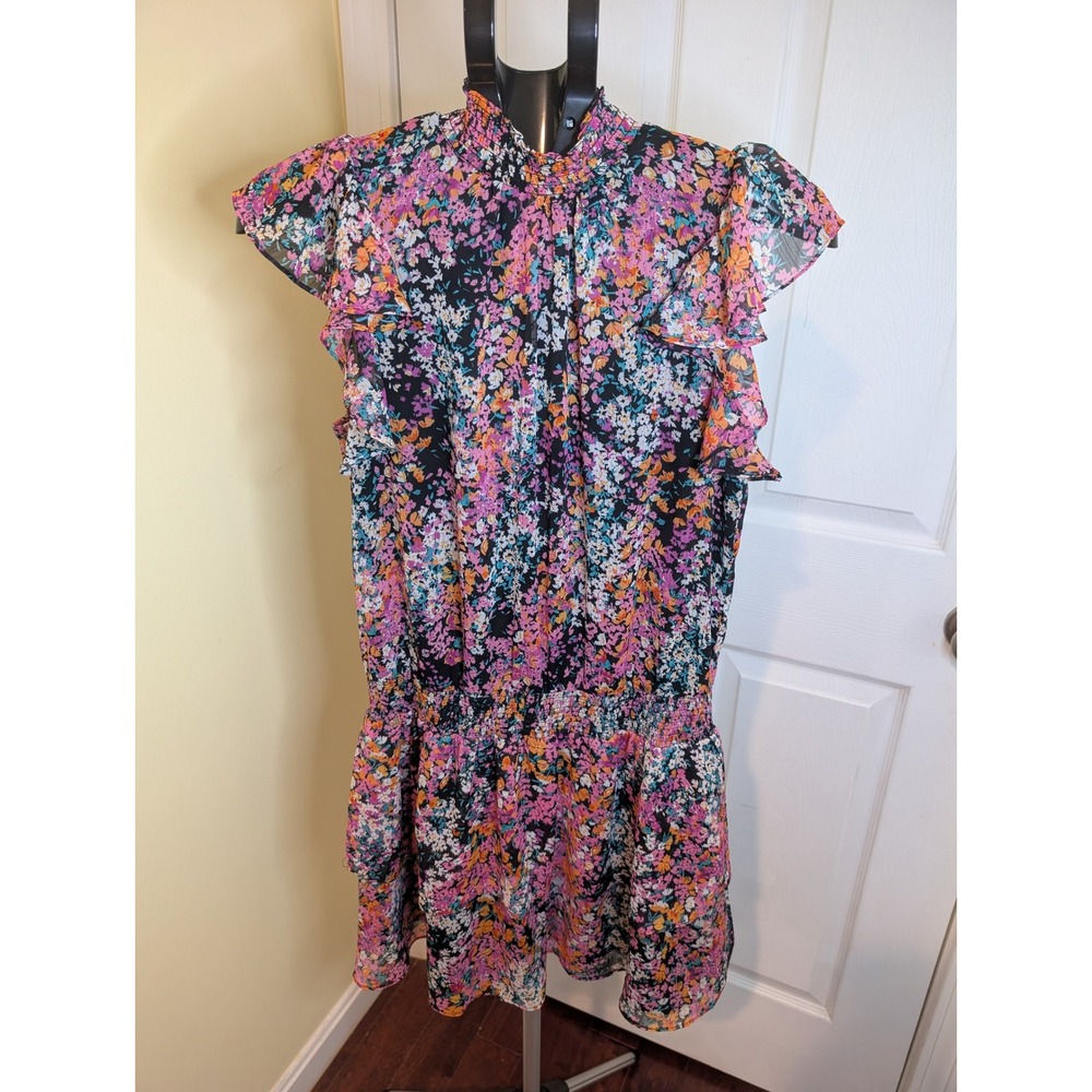 1.STATE Dress Women M Multicolor Floral Smocked Mock Neck Ruffle Tiered Mini